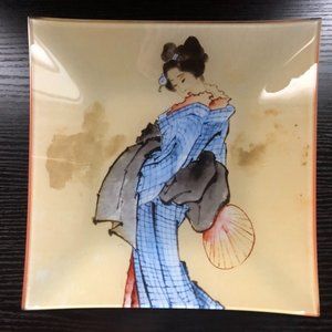 Vintage Japanese Hand Painted Glass Square Plate